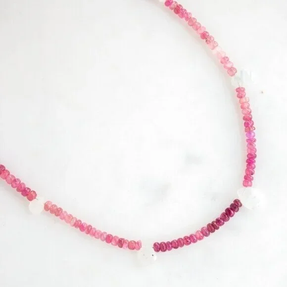 Pink Tourmaline & Moonstone Beaded Necklace Unique Handmade Necklace GORGEOUS